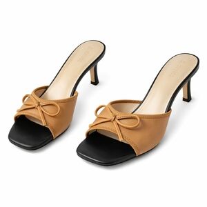 Coutgo Kitten Heel Mule Sandals Bow Detail Brown Black Slip On Women Size 9.5...